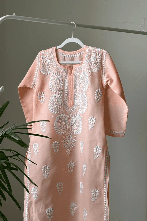 Haifa Peach Hand Embroidered Chikankari Kurta