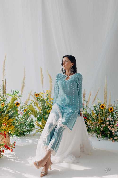 Seher Blue Embroidered Mulmul Kurta & Pant Set