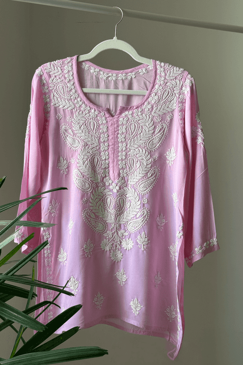 Taj Light Pink Modal Hand Embroidered Short Chikankari Kurti