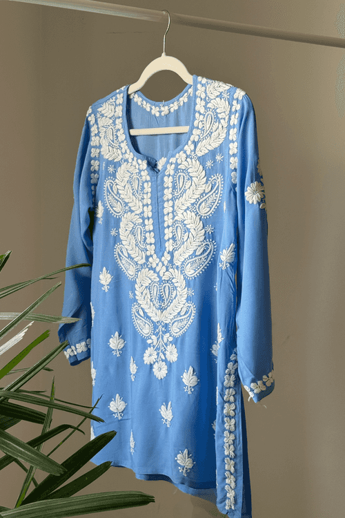 Alam Blue Modal Hand Embroidered Short Chikankari Kurti