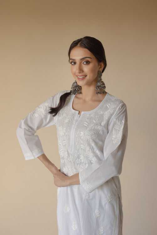 Noori Cotton White Hand Embroidered Chikankari Kurta