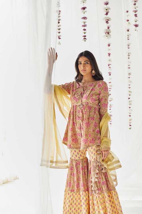 Gauhar Beige & Yellow Printed Cotton Gharara Set of 3