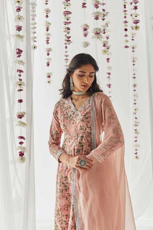 Maayera Pink Printed Cotton Anarkali, Pant & Dupatta Set