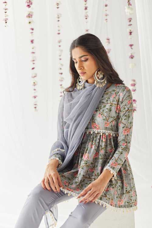 Amrah Grey Printed Cotton Kurti, Pant & Dupatta Set