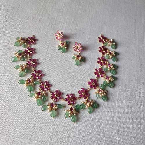 PAKEEZAAH. The stunning necklace  set in silver, pink glass  and semiprecious ,green onyx watermelon beads.