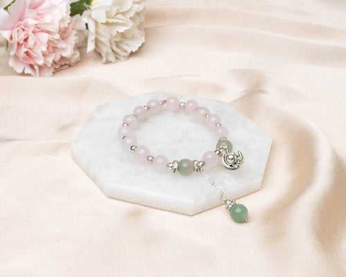 Rose Quartz, Green Aventurine With Silver Hanging Charm Lumba