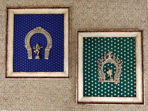 Ganesh Brass Prabhavali Set of 2 frame on Fabric vintage background for for ethnic wall décor-11