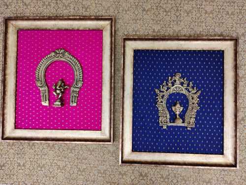 Ganesh Brass Prabhavali Set of 2 frame on Fabric vintage background for for ethnic wall décor-12
