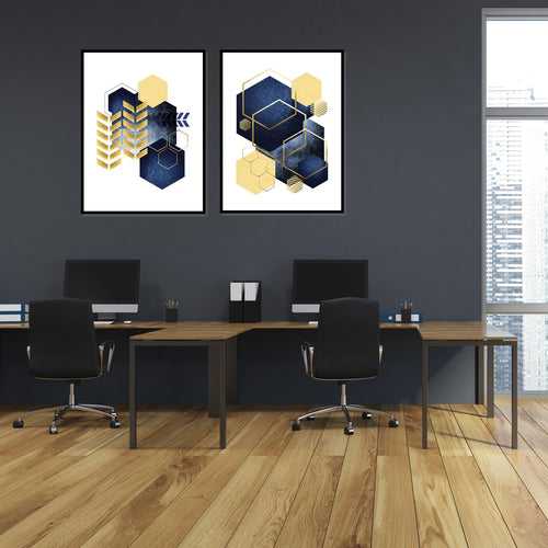 Abstract Hexagon Art in Blue And Gold 139 | Painting for Living room and Bedroom