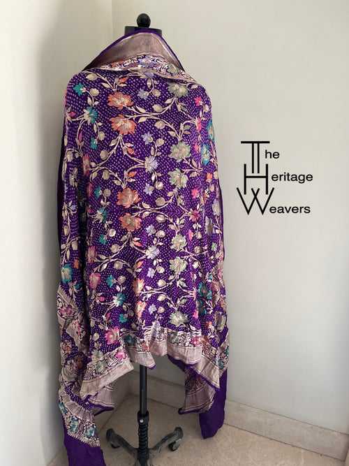 Pure Georgette Dupatta x Minakari x Bandhej x Floral x Purple