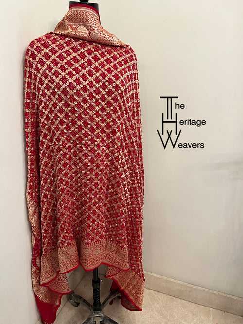 Pure Georgette Dupatta x Bandhej x Silver Gold x Shade of Red