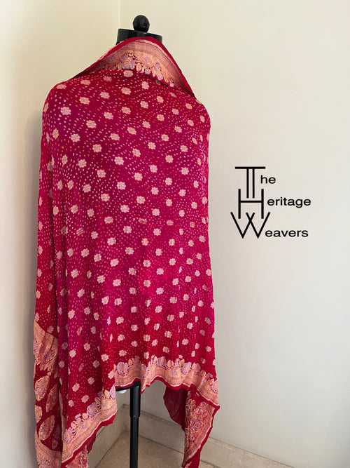 Pure Georgette Dupatta x Bandhej x Silver Gold x Shade of Red and Pink