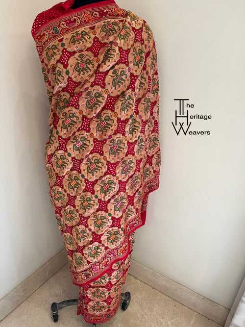 Pure Georgette Saree x Bandhej x Patola x Animal Motifs x Shade of Red