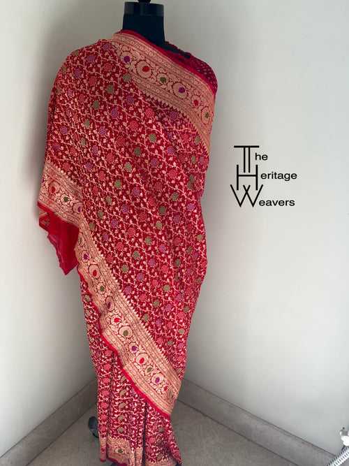 Pure Georgette Saree x Bandhej x Minakari x Red