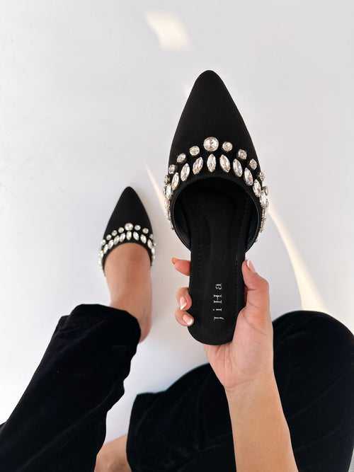 Black Velvet Stone Work Pointed Toe Flat