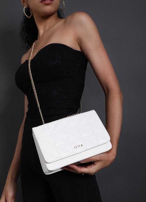 White Quilted Double Chain Shoulder and Sling Bag