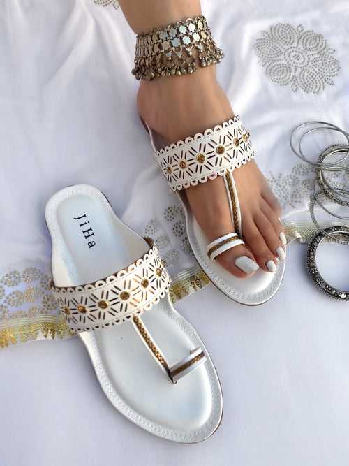 White Gold Stone Kohlapuri Chappal