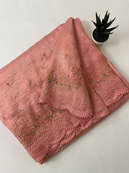 Crush Organza saree with floral printed blouse- MCOS216 PEACHPINK