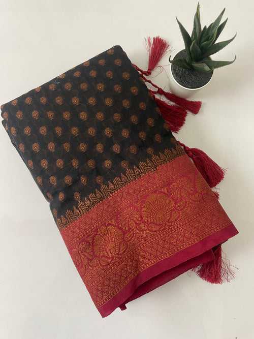 Semi Banarasi dupion saree MBS221 - BLACK & RED