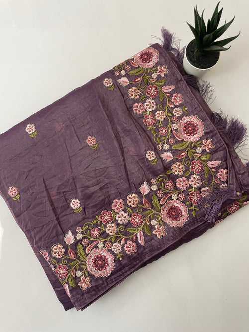 Crush Organza saree with embroidery MOSF315 DARK MAUVE