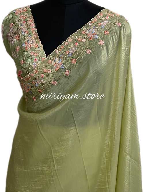 Crush Organza saree with floral printed blouse- MCOS214 DUSTY GREEN