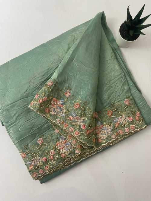 Crush Organza saree with floral printed blouse- MCOS215 BLUEGREEN
