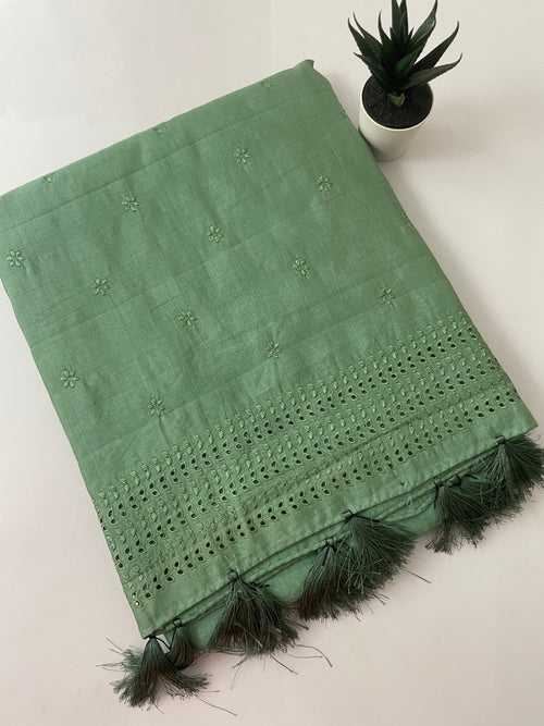 Semi tussar saree with self embroidery and cutwork- Jade Green MSET111