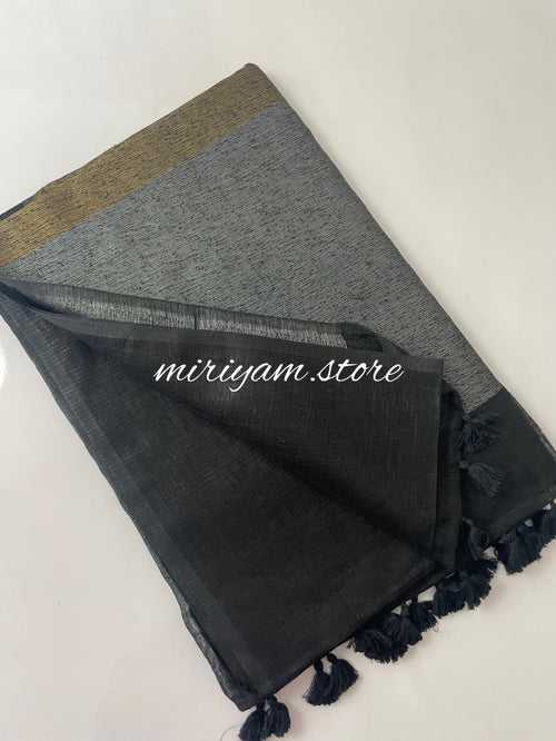 Plain Linen Saree with designer pallu - MLS752 BLACK