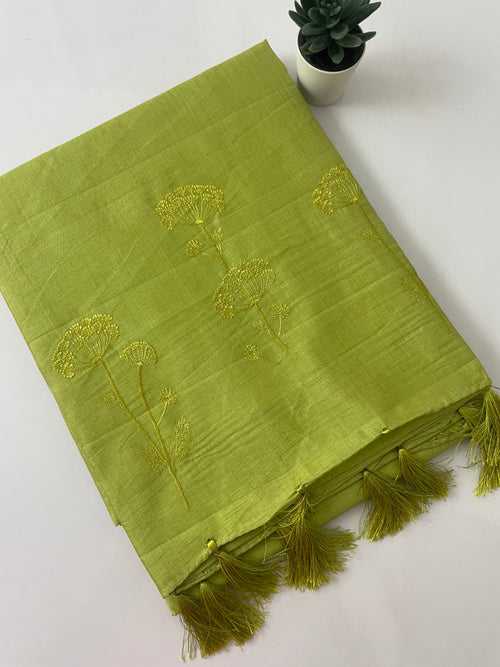 Semi tussar saree with self embroidery- PARROT GREEN MSET102