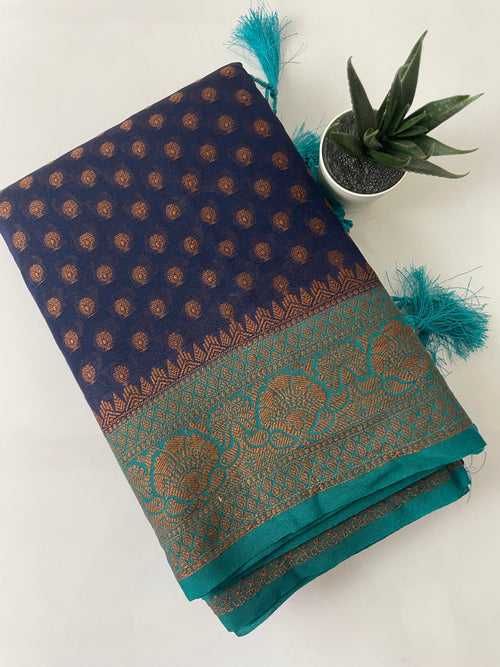 Semi Banarasi dupion saree MBS223 - BLUE & TEAL GREEN
