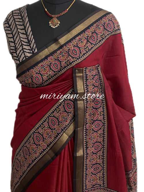 Ajrakh Semi chanderi saree with zari border MCSC656