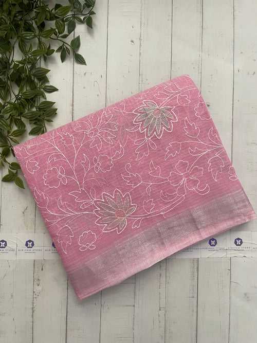Net Kota embroidery saree with silver border - MNK202 Pink