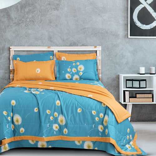 Dandelion print on French Blue and fire yellow Bedding