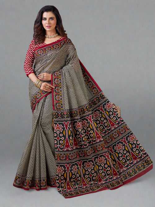 Off White & Black Cotton Saree