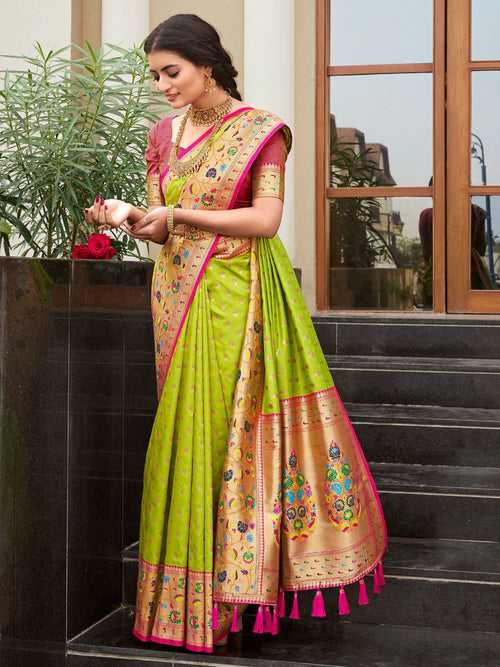 Lime Green & Magenta soft  Paithani silk saree