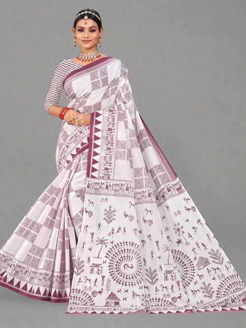 White & Purple Cotton Saree