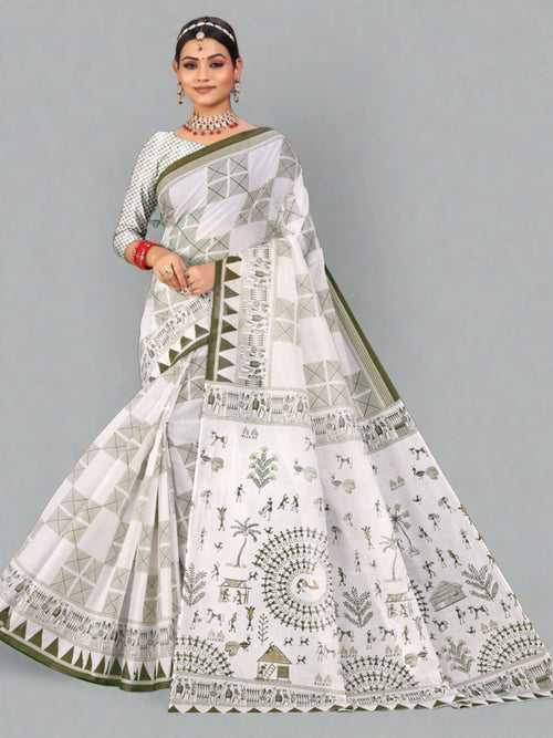 White & Olive Cotton Saree