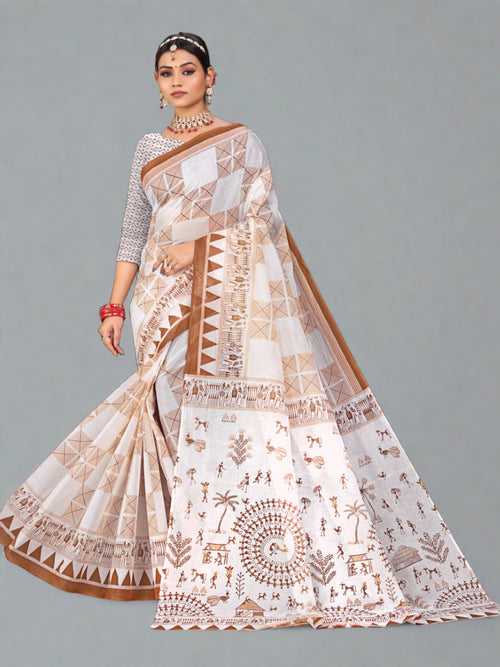 White & Rust Cotton Saree