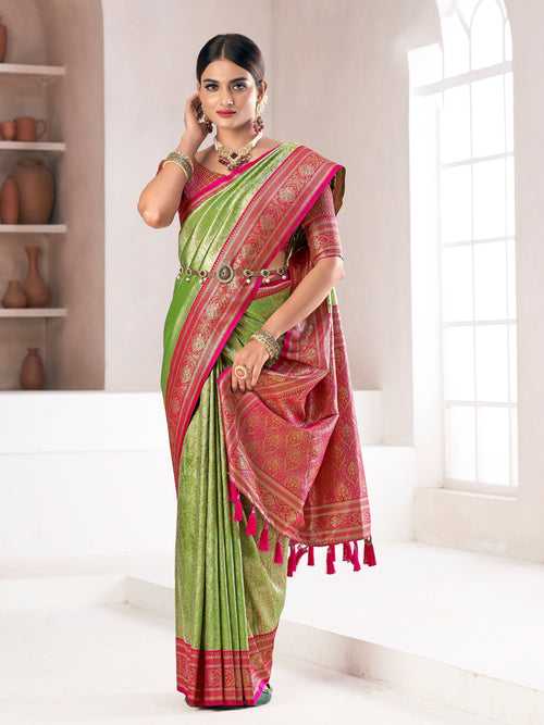 Lime Green & Pink Banaras Tissue Saree