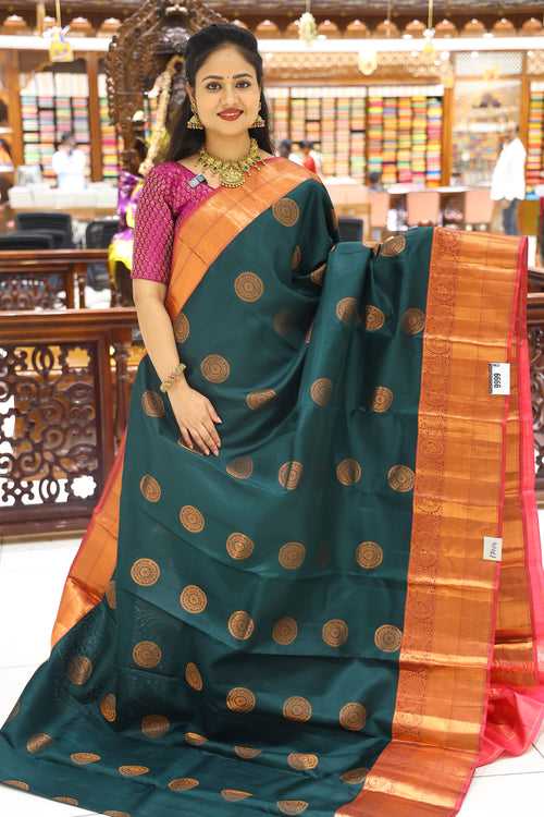 CSM-17064 | Peacock Green & Red Kanchi Pattu Saree