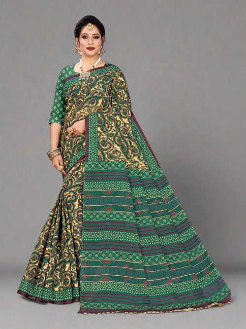 Tan & Bottle green  Cotton Saree