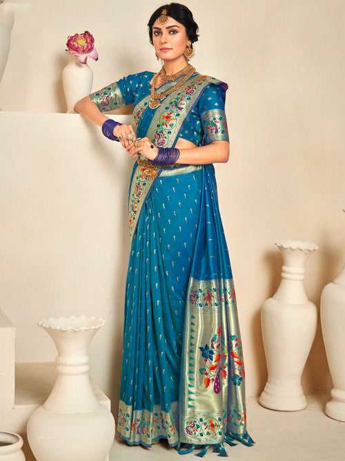 Peacock Blue Soft Paithani Silk Saree