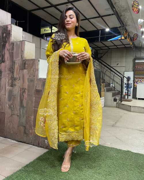 Mustard embroidered karachi suit set
