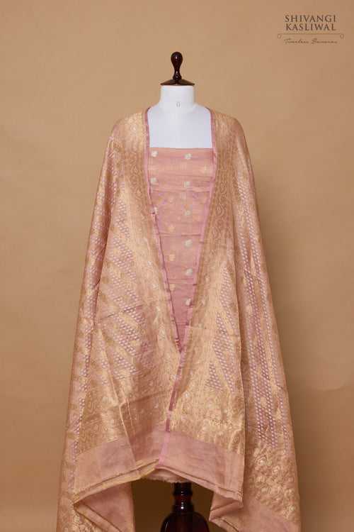 Onion Pink Handwoven Banarasi Tissue Silk Suit Piece