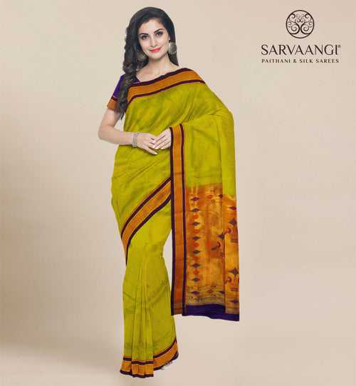 Pure Silk Paithani In Parrot Green