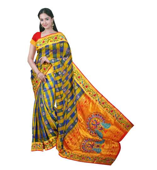 Pure Silk Paithani In Yellow & Blue