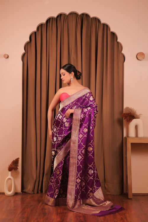 Purple Handloom Silk Satin Banarasi Kadwa Jaal Saree