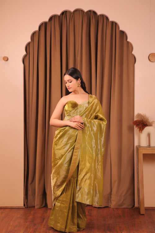 Olive Handloom Silk Tissue Brocade Banarasi Saree