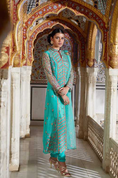 Blue Silk Organza Suit Set