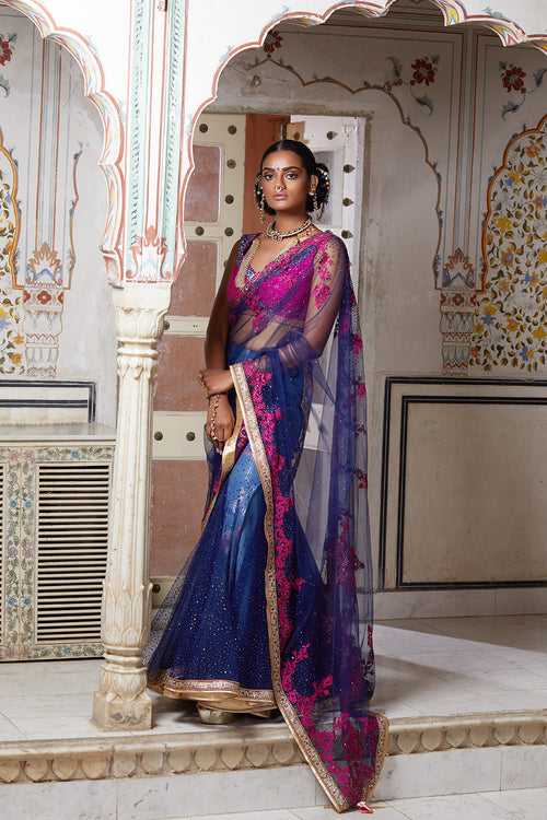 Midnight Blue Net Drape Saree Set